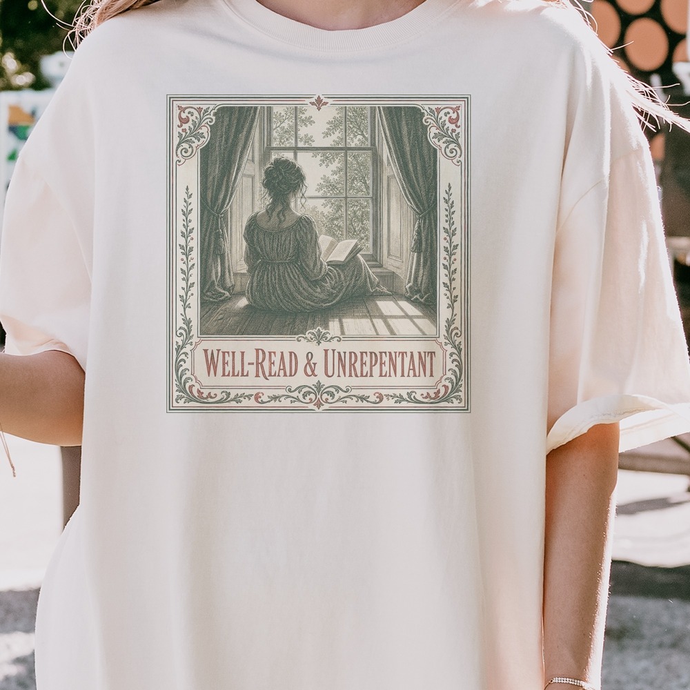 Well-Read & Unrepentant Woman Reading in Ornate Border Tee